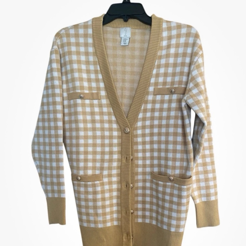 Joie Womens Sweater Sz XS Dijon Mustard Gingham Check Button Up Cardigan